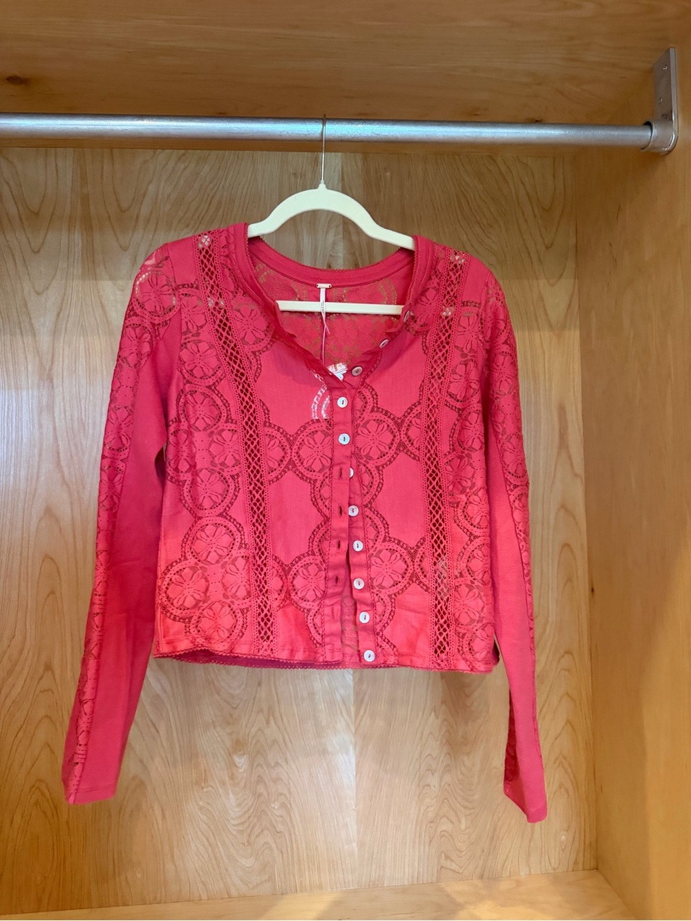 Free People Red Crochet Lace Button-Front Long Sleeve Top